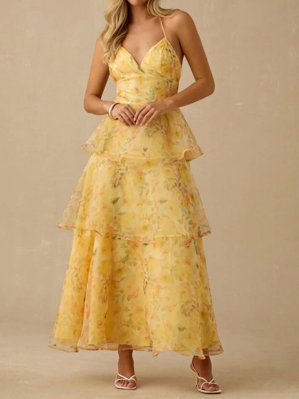 Yellow  Women's Romantic Floral Print Spaghetti Strap Ruffled Hem Maxi Dress - Picture 7 of 7